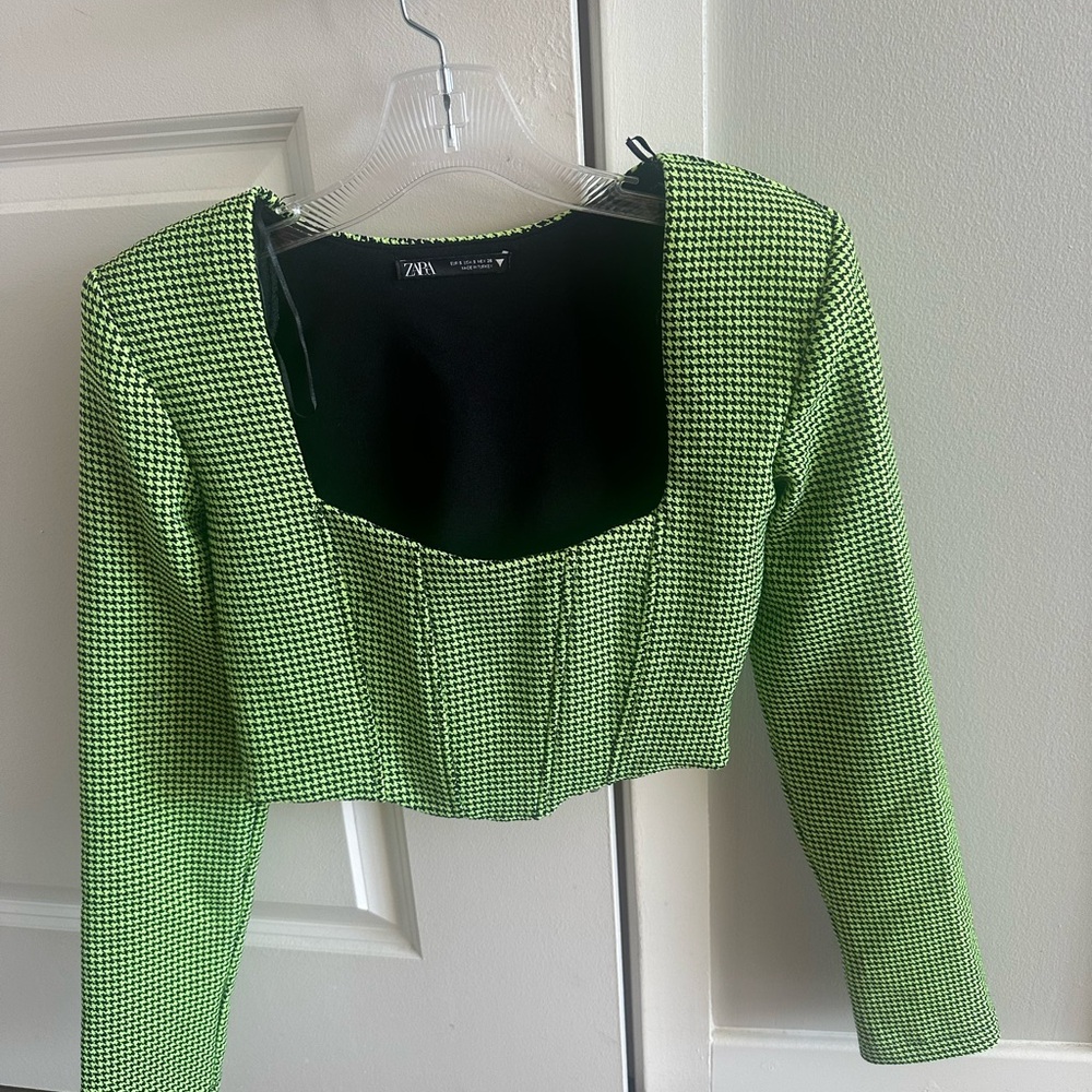 Zara Green Houndstooth Long Sleeve Top